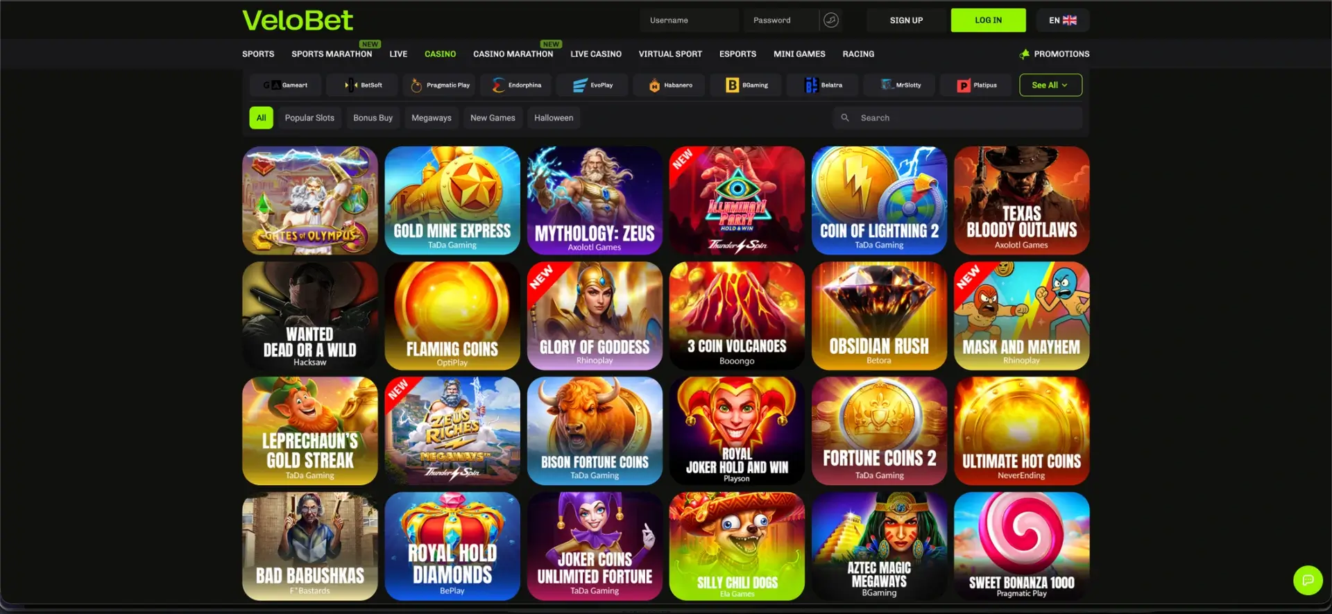 VeloBet casino lobby and slot selection