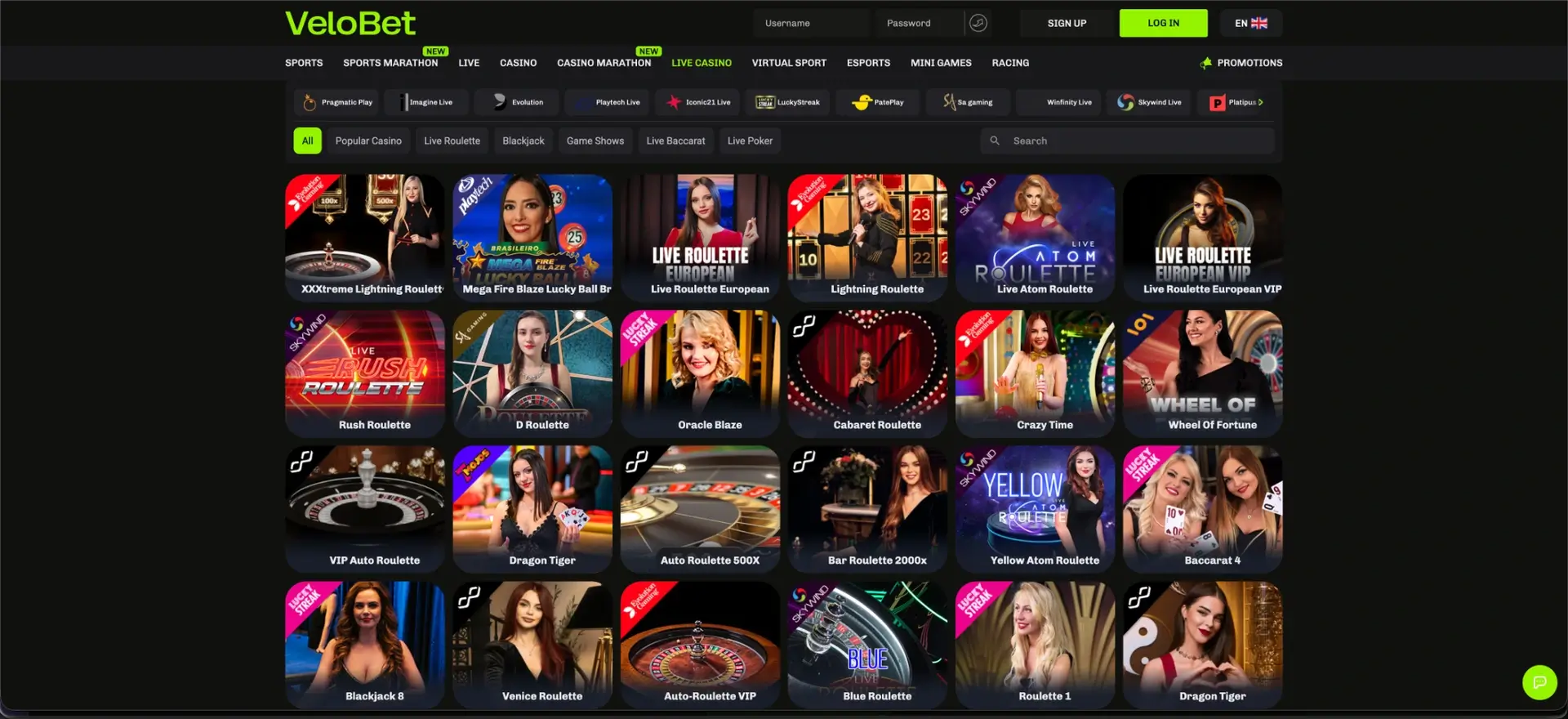 VeloBet live casino lobby
