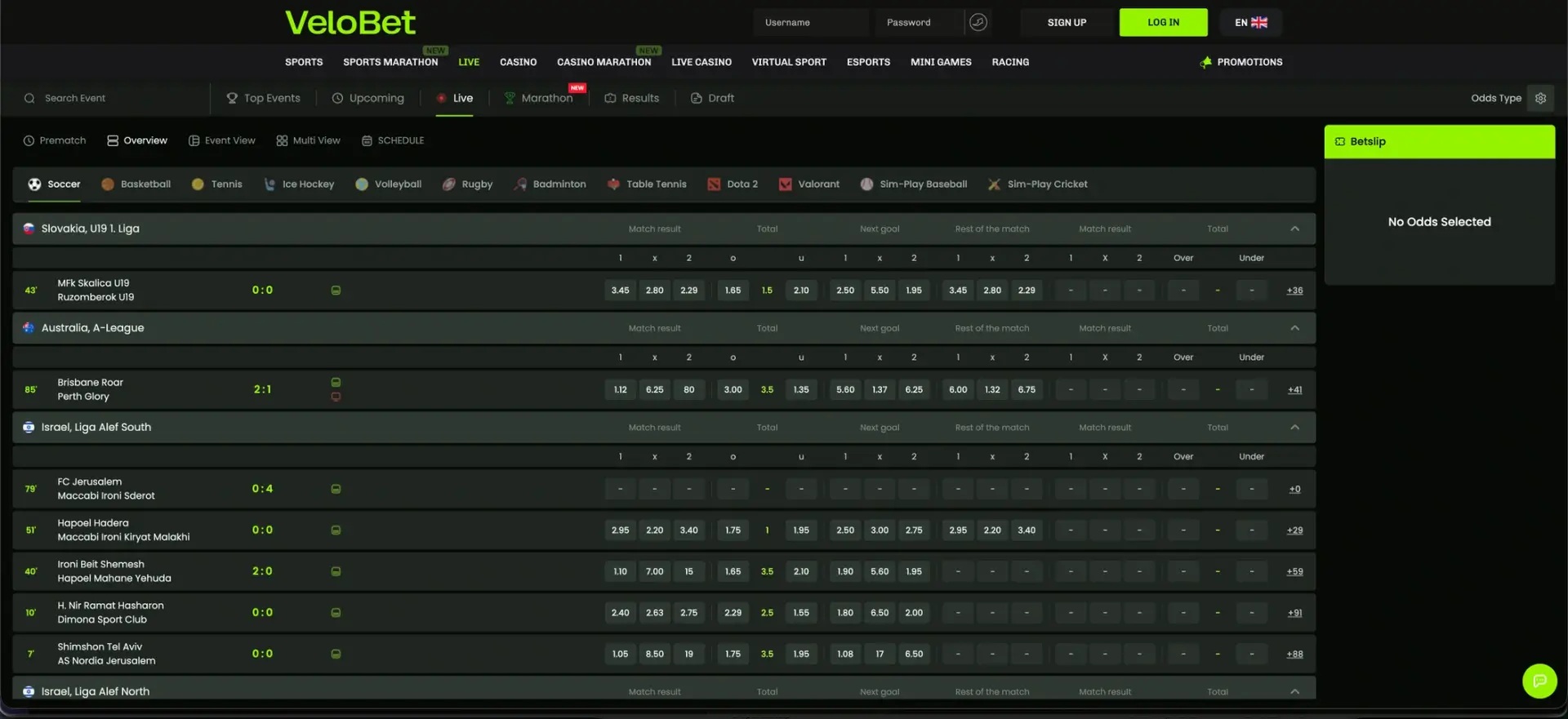 Live sports betting interface at VeloBet