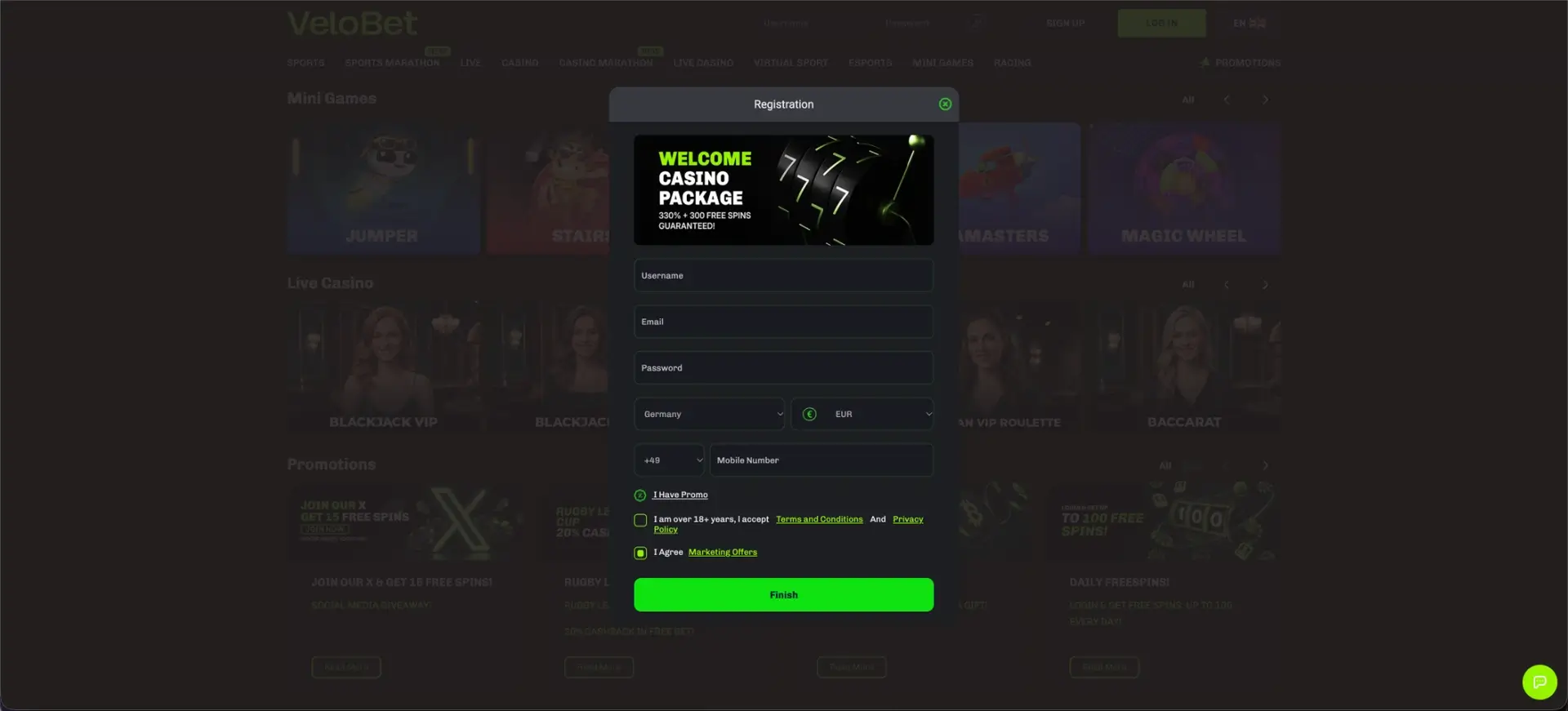 VeloBet account registration form