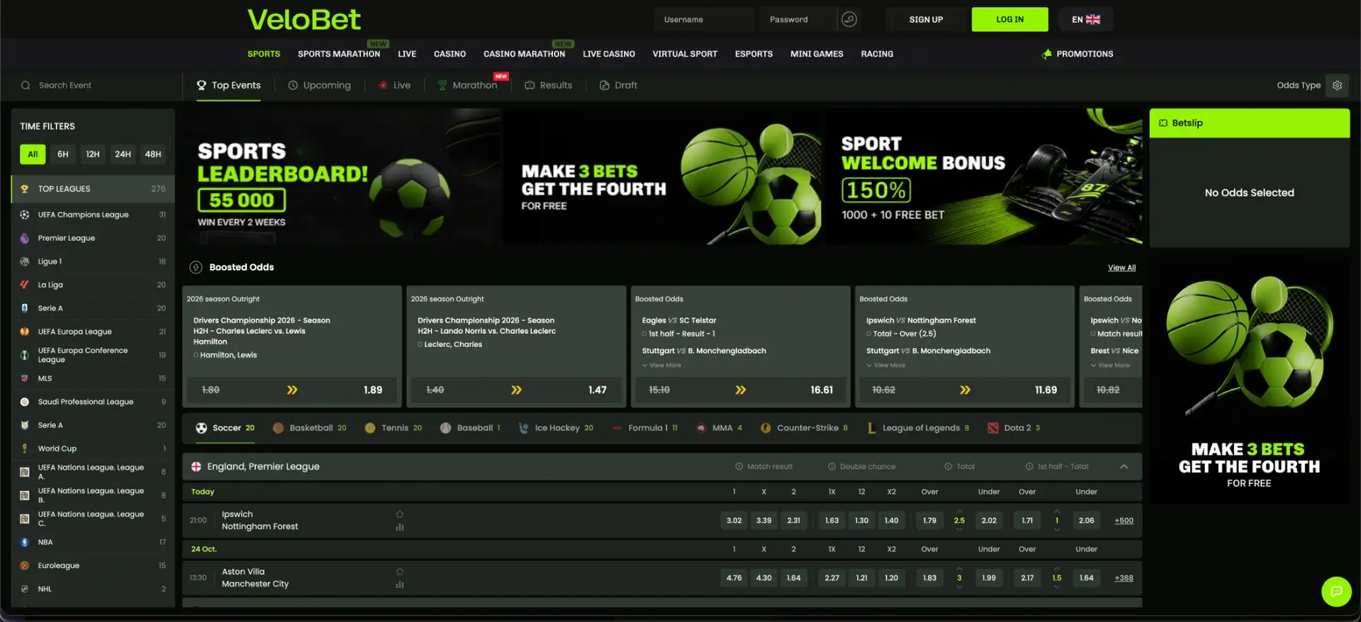 Sports betting markets at VeloBet